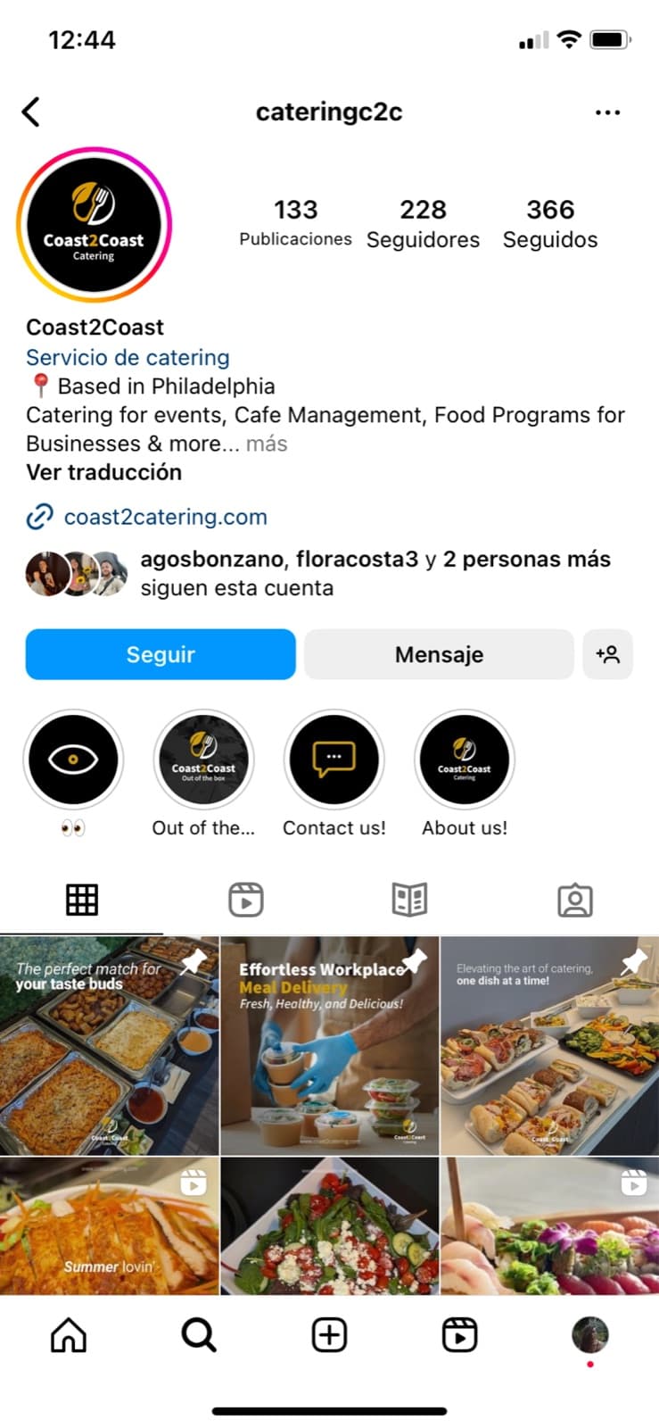 Perfil de Instagram de Coast2Coast Catering en un teléfono