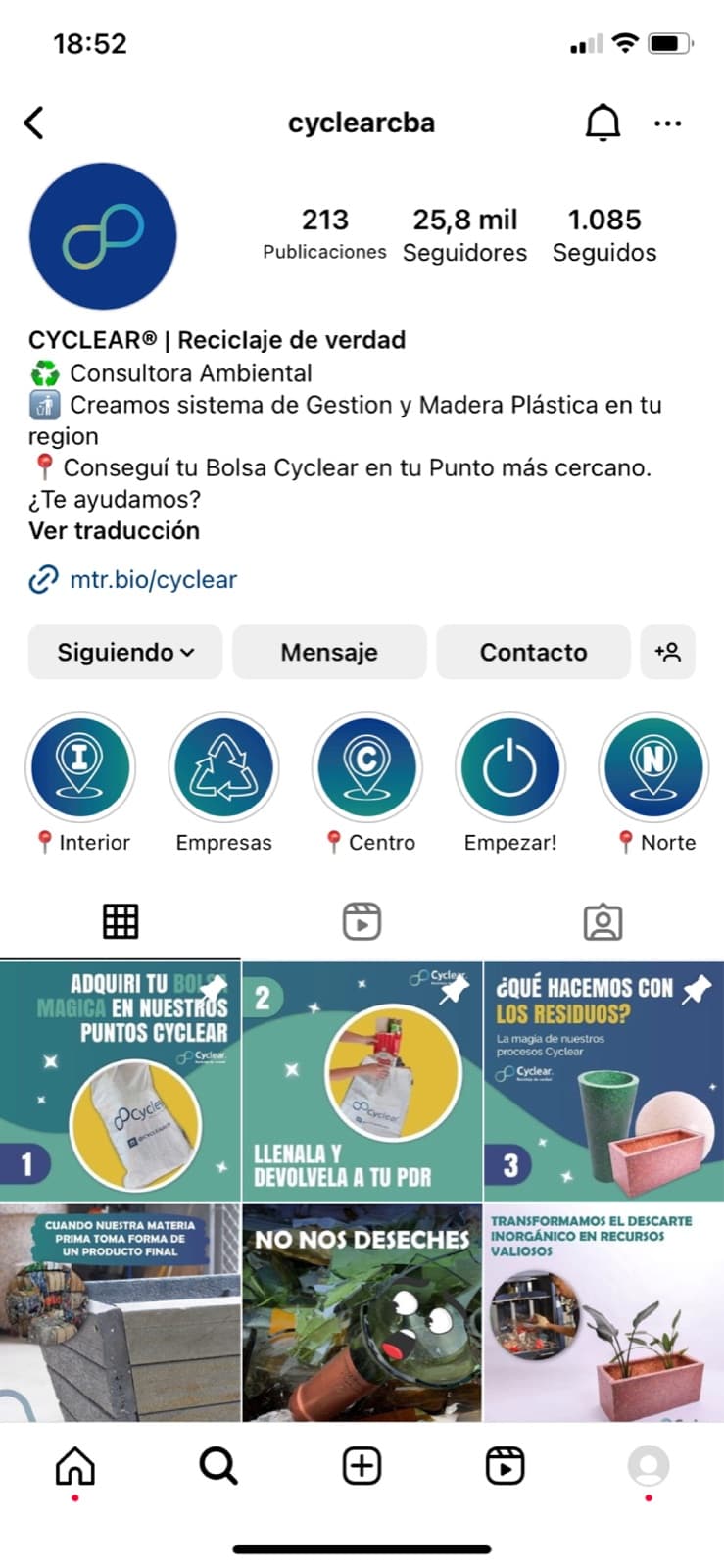 Perfil de Instagram de Cyclear en un teléfono