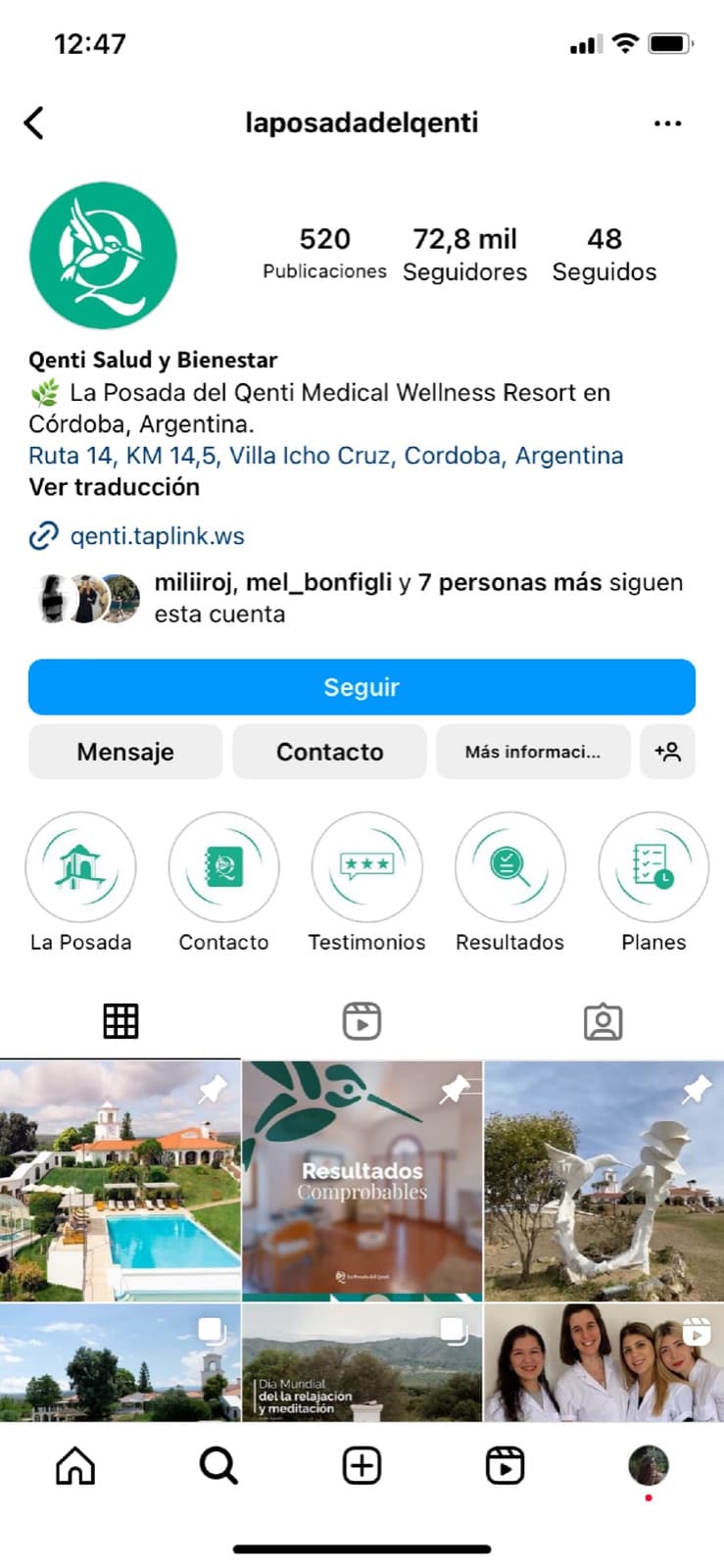 Perfil de Instagram de La Posada del Qenti en un teléfono